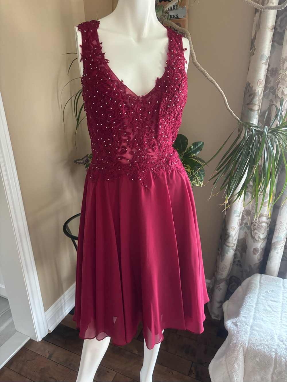 JJs House Burgundy Beaded V-Neck Mini Dress